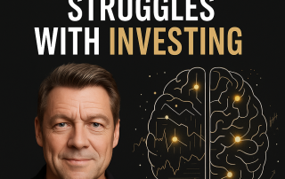 A confident middle-aged man stands beside a glowing brain illustration filled with financial graphs, with the headline “Why Your Brain Struggles With Investing” in bold gold and white text on a black background.