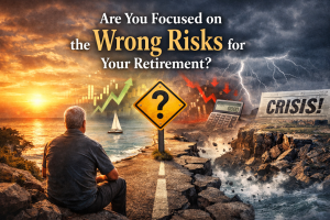 A man in his 50s sits at a crossroads between two contrasting scenes: a calm sunset with rising investment charts on one side and a stormy landscape with falling markets and crisis imagery on the other, illustrating the idea of focusing on the right risks in retirement planning.
