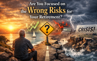 A man in his 50s sits at a crossroads between two contrasting scenes: a calm sunset with rising investment charts on one side and a stormy landscape with falling markets and crisis imagery on the other, illustrating the idea of focusing on the right risks in retirement planning.