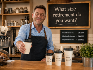 Financial adviser Brian Butcher illustrating retirement income levels with small, medium and large coffee cups — showing the real cost of retirement planning in the UK