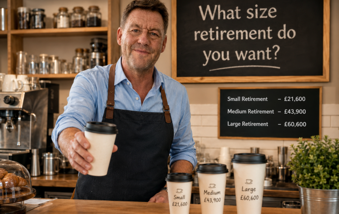 Financial adviser Brian Butcher illustrating retirement income levels with small, medium and large coffee cups — showing the real cost of retirement planning in the UK