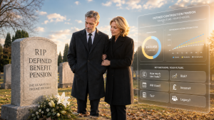 A couple in their late 50s stand beside a gravestone marked “RIP Defined Benefit Pension” while a modern defined contribution pension dashboard displays retirement planning decisions including income, tax, risk and legacy considerations.