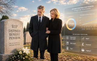 A couple in their late 50s stand beside a gravestone marked “RIP Defined Benefit Pension” while a modern defined contribution pension dashboard displays retirement planning decisions including income, tax, risk and legacy considerations.
