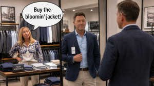 Man trying on a £249 jacket in a clothes shop mirror while his wife says, “Buy the bloomin’ jacket!”