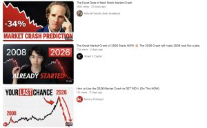 YouTube search results displaying several videos predicting a major stock market crash, using dramatic thumbnails with falling charts, large red numbers, and urgent warning language.
