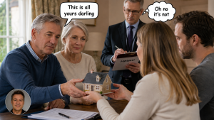 Older couple hand a model house to a younger couple while an HMRC official watches and takes notes, illustrating the gift with reservation of benefit tax trap.
