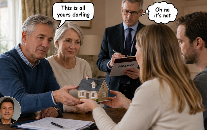 Older couple hand a model house to a younger couple while an HMRC official watches and takes notes, illustrating the gift with reservation of benefit tax trap.