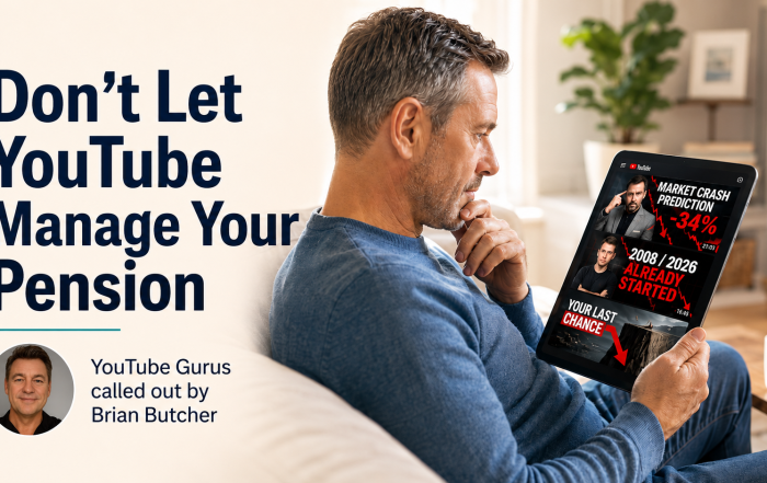 Man looking at a tablet showing market crash videos with the headline “Don’t Let YouTube Manage Your Pension” and commentary by Brian Butcher.