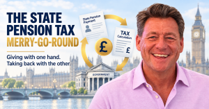 Brian Butcher beside a circular graphic showing State Pension payments being taxed and money returning to the Government.