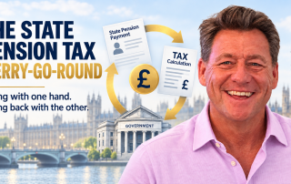 Brian Butcher beside a circular graphic showing State Pension payments being taxed and money returning to the Government.